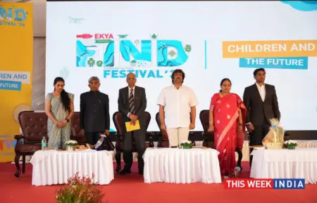 Dr. K. C. Ramamurthy, IPS (Retd.), Chairman of CMR Group and Former Member of Parliament, Rajya Sabha, Minister of Primary Education, Madhu Bangarappa and others during ‘Ekya Nava Inaugurated as India’s First K-12 School of Innovation, Creativity, and Design at Second Edition of FIND Festival’.