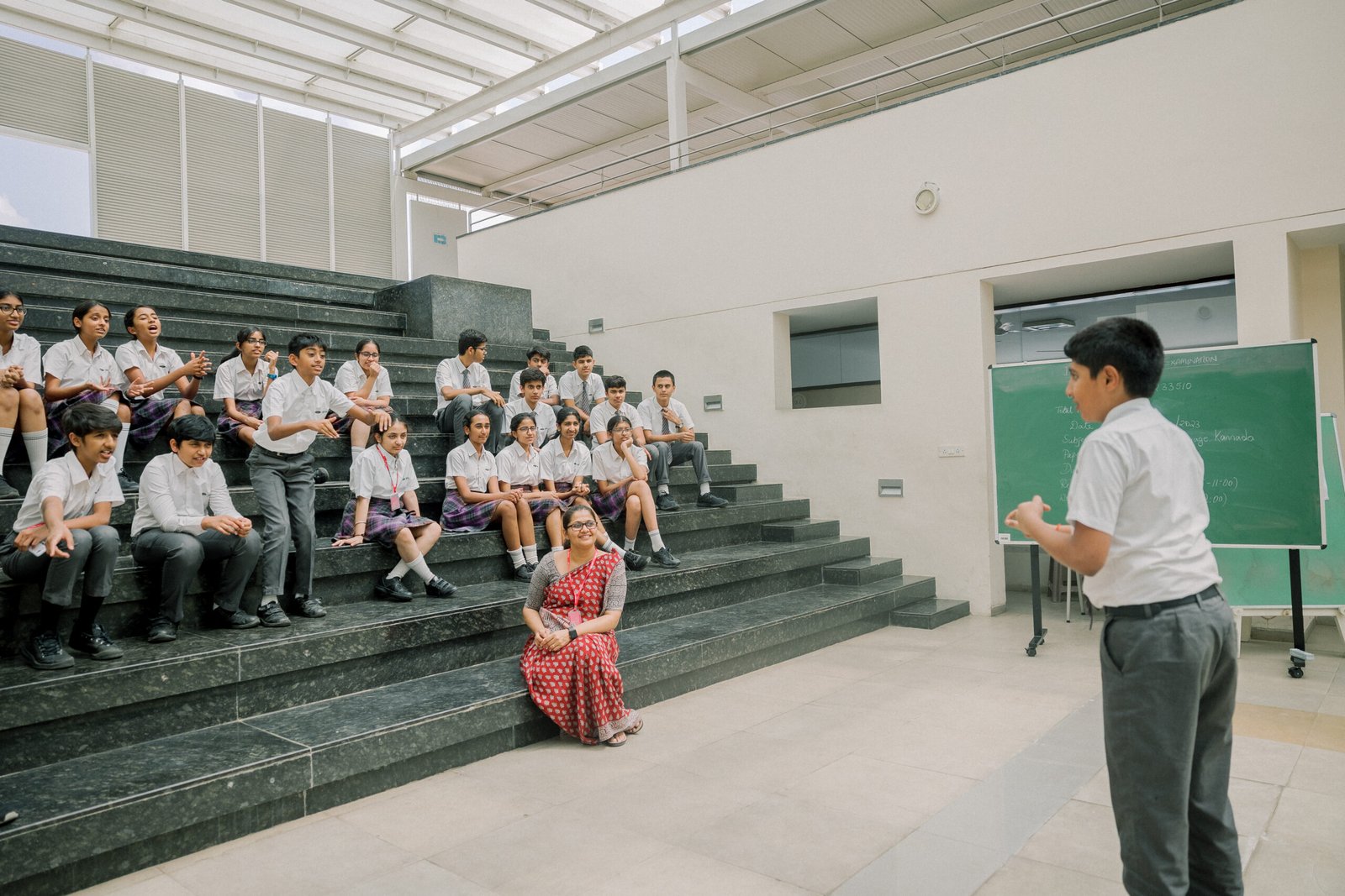 Ekya school Senior students interacting with teacher