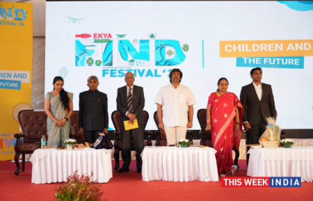 Dr. K. C. Ramamurthy, IPS (Retd.), Chairman of CMR Group and Former Member of Parliament, Rajya Sabha, Minister of Primary Education, Madhu Bangarappa and others during ‘Ekya Nava Inaugurated as India’s First K-12 School of Innovation, Creativity, and Design at Second Edition of FIND Festival’.