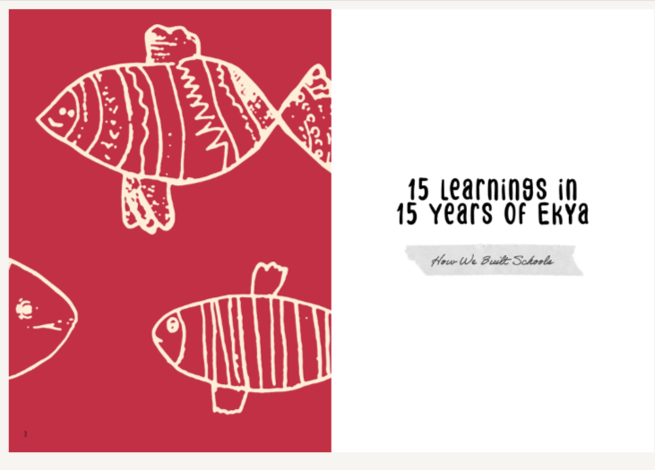 Red background with white fish illustrations on the left. On the right, text reads "15 Learnings in 15 Years of Ekya: How We Built Schools" on a white background.