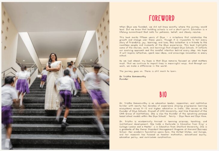 A woman in a white dress stands on stairs with blurred schoolchildren in white and purple uniforms passing by. On the right, text with a foreword and bio.