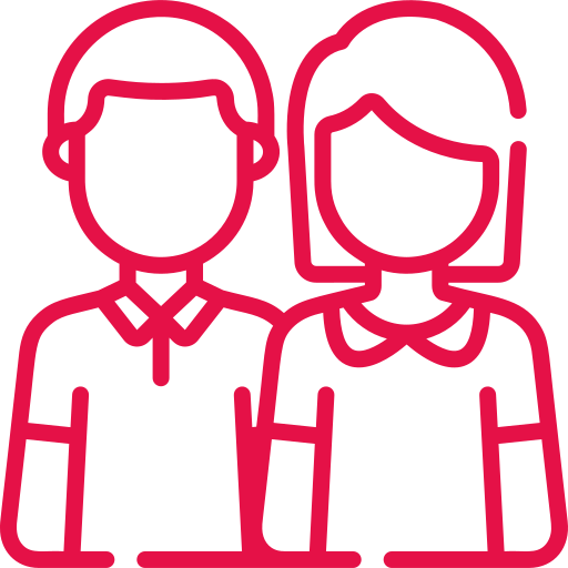 Red line art icon of a man and woman side by side. The man has short hair and a collared shirt; the woman has shoulder-length hair and a blouse.