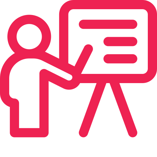 Icon of a person pointing at a presentation board with three horizontal lines, symbolizing teaching or presenting. The design is in bold red on a black background.