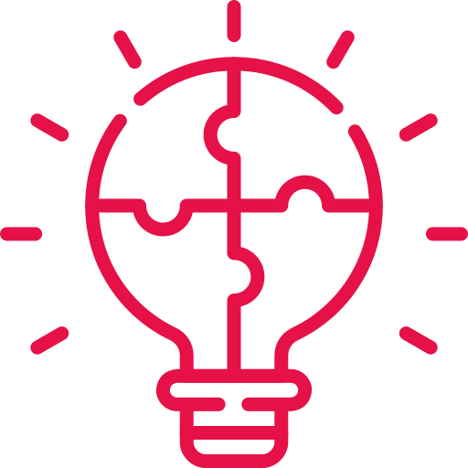 A red outline of a light bulb composed of interlocking puzzle pieces on a black background, radiating lines symbolizing illumination and creativity.